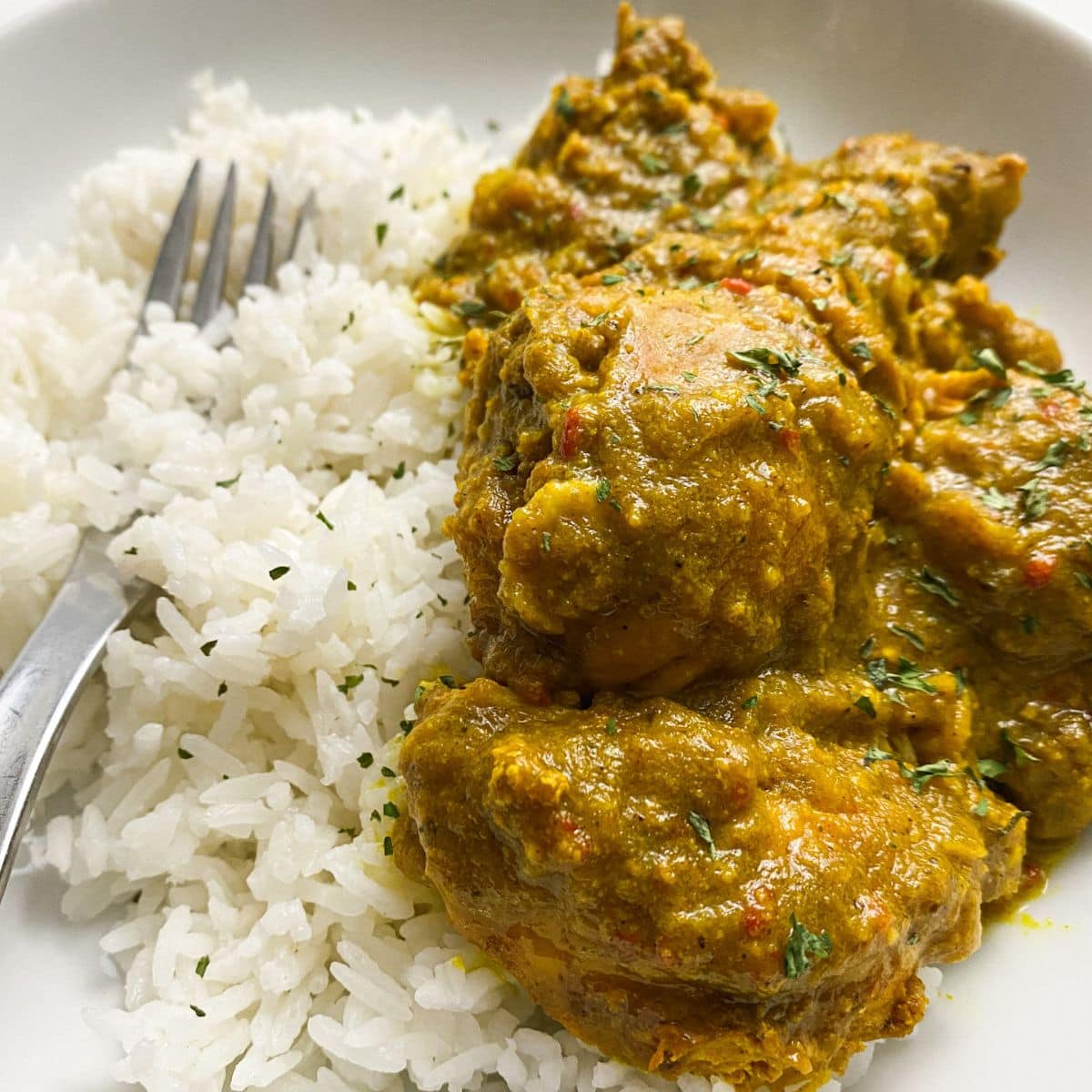 nigerian curry chicken in a white bowl with white rice and a silver fork