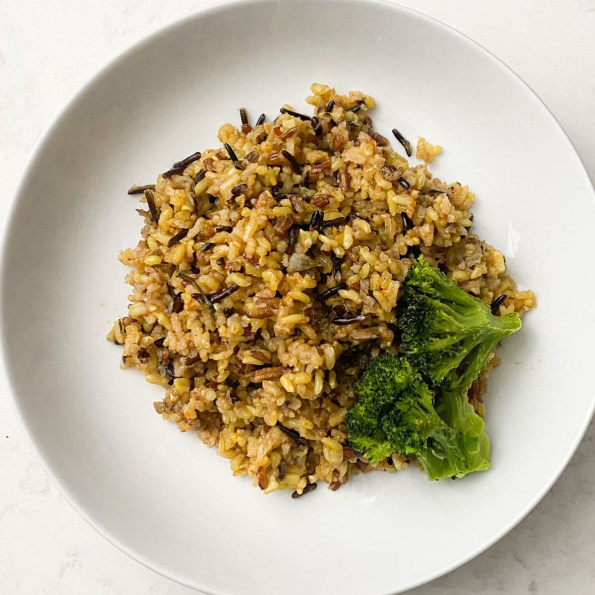plated vegan wild rice in a white bowl with broccoli